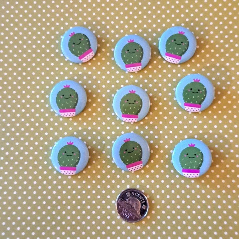 9 cute cactus pin back buttons, new